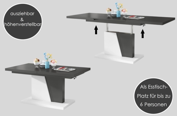 Mazzoni Couchtisch Grand Noir Weiß Hochglanz/Weiß höhenverstellbar ausziehbar 120-180, Funktionstisch, Wohnzimmertisch, Tisch, Esstisch, Sofatisch Bild 4