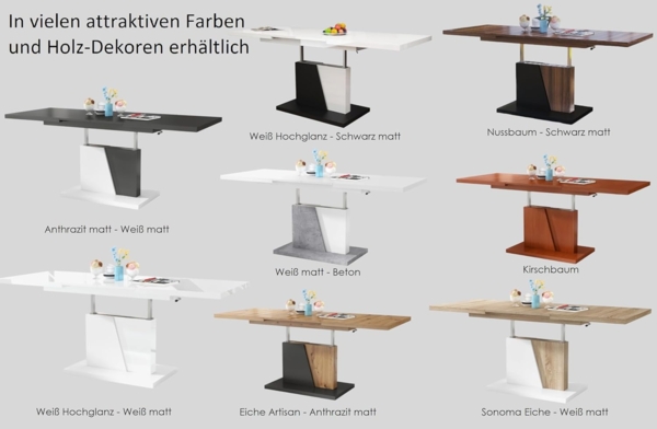 Mazzoni Couchtisch Grand Noir Weiß Hochglanz/Weiß höhenverstellbar ausziehbar 120-180, Funktionstisch, Wohnzimmertisch, Tisch, Esstisch, Sofatisch Bild 6