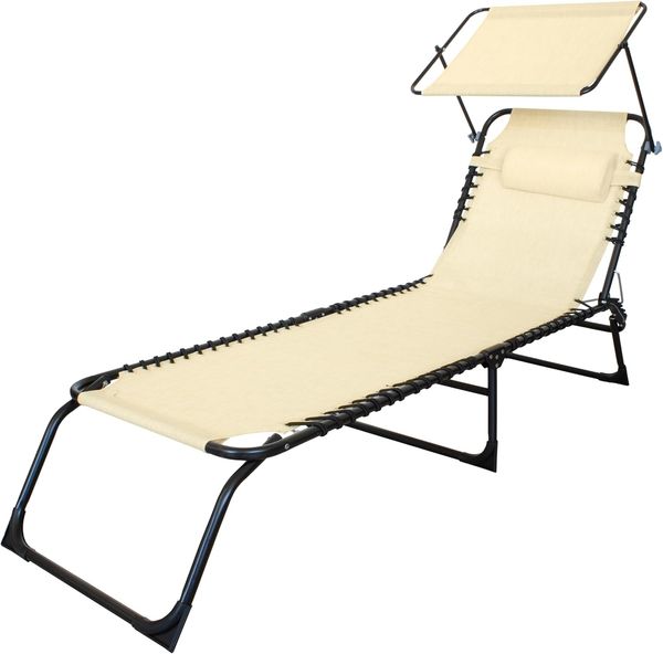 Sonnenliege, zusammenklappbar, mit Sonnendach und Kissen, Gestell aus Stahl, Textilene-Gewebe, 190x58 cm, für Garten, Terrasse, Pool oder Strand – Blau/Grau/Ecru