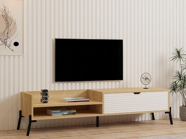 Hanah Home Scandinavian TV Stand, Sapphire Oak & White, 160 cm | 100% Melamine Coated Particle Board, 18 mm Thick | Iron Legs, Multiple Shelves, Stylish Storage Solution