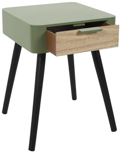 HOME DECO FACTORY Nachttisch mit 1 Schublade, Holz, Khakigrün, Schwarz, 35 x 48 x 40 cm