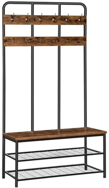 HOOBRO Garderobenständer, Garderobe, Kleiderständer mit 12 Haken, Sitzbank, Schuhregal mit Sitzfläche, 35.5 x 100 x 182 cm, für Flur, Schlafzimmer, Wohnzimmer, Dunkelbraun-Schwarz EBF05MT01