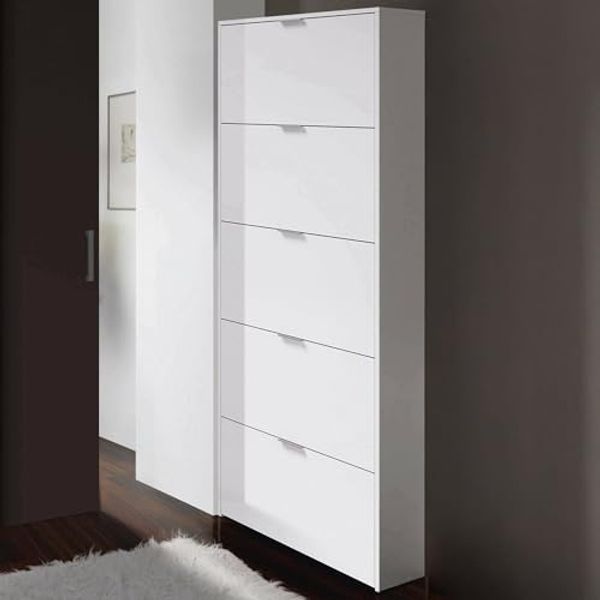 Dmora - Schuhregal Washington, Schuhschrank mit 5 Falttüren, Schuhregal mit hohem Eingang, modernes Schuhregal, 70 x 17 x 180 cm, glänzend weiß