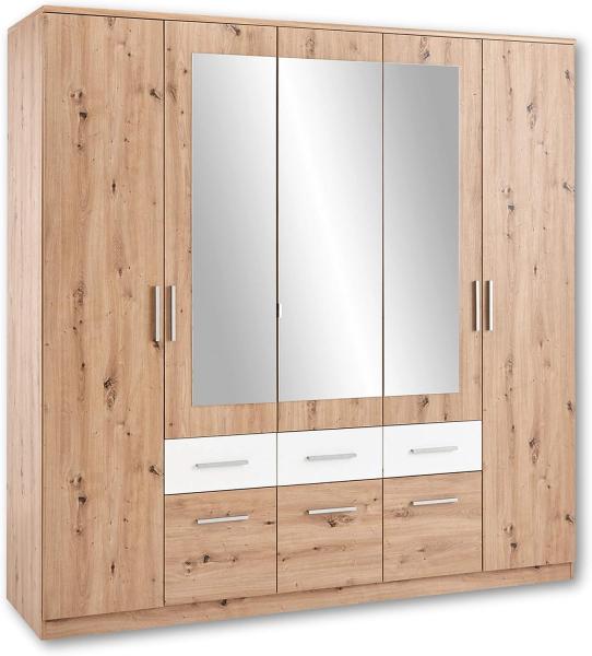 Stella Trading FLORIDA Eleganter Kleiderschrank mit Spiegel - Vielseitiger Drehtürenschrank mit viel Stauraum in Artisan Eiche Optik, Weiß - 212 x 213 x 60 cm (B/H/T)