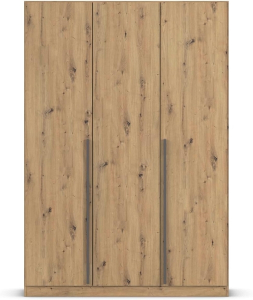 rauch Kleiderschrank Alba, Drehtürenschrank, Garderobenschrank, 3-türig, mit 2 Kleiderstangen, 2 Einlegeböden und Schubladeneinsatz, Farbe Eiche Artisan, Holz, Griffstange Grau metallic, Schwarz, 136x197x54cm Bild 8