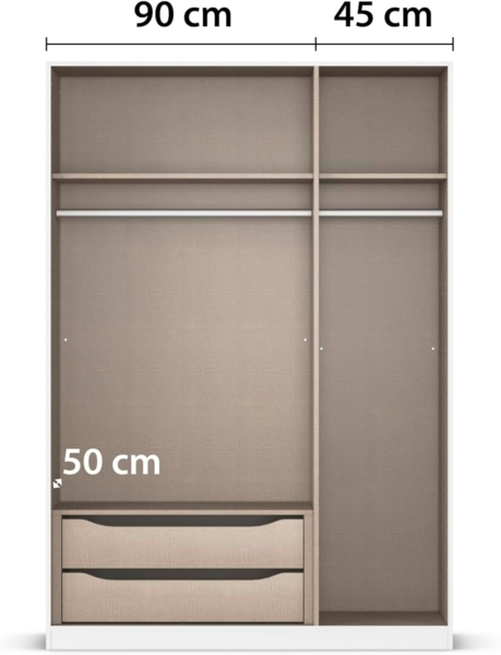 rauch Kleiderschrank Alba, Drehtürenschrank, Garderobenschrank, 3-türig, mit 2 Kleiderstangen, 2 Einlegeböden und Schubladeneinsatz, Farbe Eiche Artisan, Holz, Griffstange Grau metallic, Schwarz, 136x197x54cm Bild 7