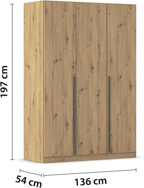 rauch Kleiderschrank Alba, Drehtürenschrank, Garderobenschrank, 3-türig, mit 2 Kleiderstangen, 2 Einlegeböden und Schubladeneinsatz, Farbe Eiche Artisan, Holz, Griffstange Grau metallic, Schwarz, 136x197x54cm Bild 3