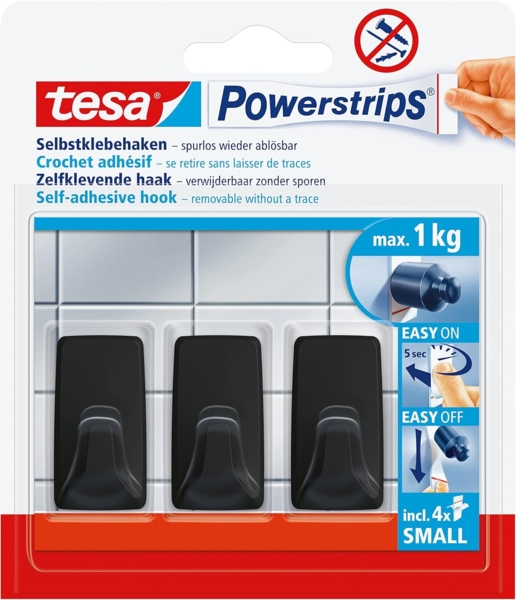 tesa Powerstrips Klebehaken Small Eckig - 3 x selbstklebende Wandhaken - für Kacheln, Glas, Kunststoff und weitere Untergründe - 1 kg Halteleistung - Schwarz
