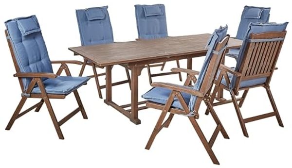 Gartentisch Set AMANTEA Akazienholz 160 220x90x74 cm Blau