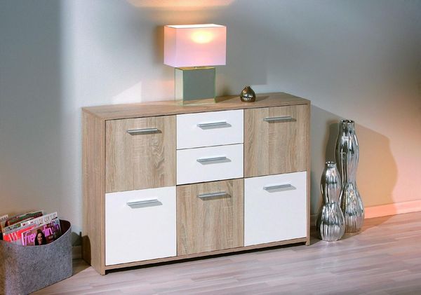 Dmora Sideboard mit fünf Türen und zwei Schubladen im Mittelteil, Farbe Weiß und Eiche, Maße 115 x 77 x 30 cm