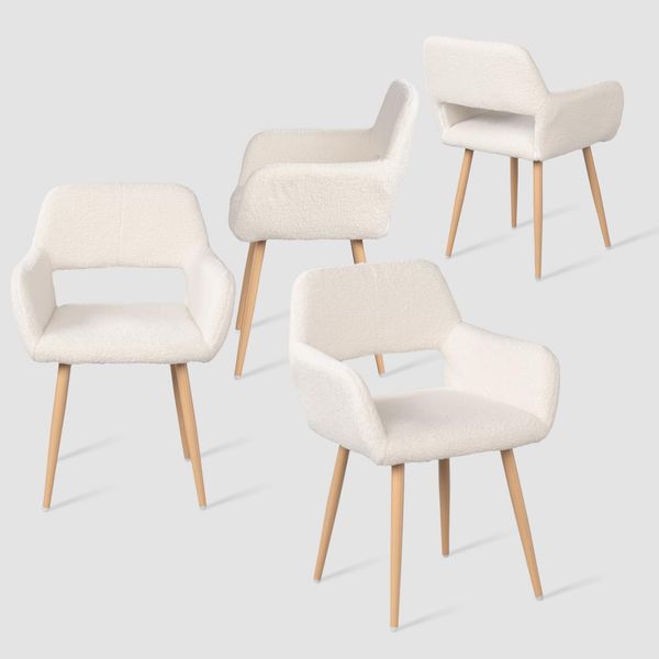 MEUBLE COSY Esszimmerstühle 4er Set Küchenstühle Sessel Wohnzimmerstuhl Polsterstuhl mit Armlehne Rückenlehne Sitzfläche aus Sherpa Metallbeine, Skandinavisch, Weiß