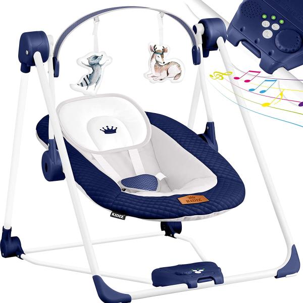 KIDIZ® Babywippe Babyschaukel mit 5 Geschwindigkeitseinstellungen zusammenklappbarer Baby Wippe Schaukel Babyhochstuhl mit Spielbogen Spielzeugen 5 beruhigende Naturgeräusche neugeborene Navyblau