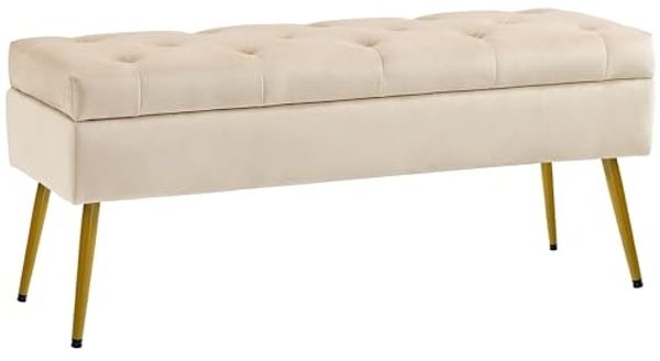 HOMCOM Sitzbank mit Stauraum, Deckel, Samtoptik (Truhenbank, 1-St, Polsterbank), für Flur Schlafzimmer Wohnzimmer, Metallrahmen 102 x 35 x 43 cm Beige
