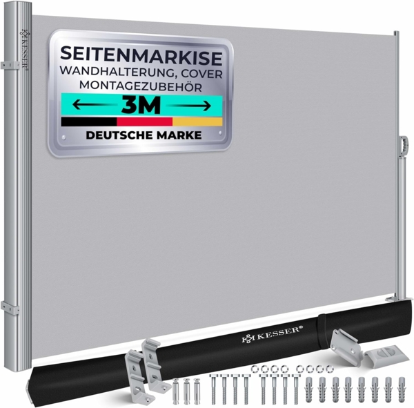 KESSER® Alu-Seitenmarkise Ausziehbar & Blickdicht | Garten-Sichtschutz & Windschutz mit Aufrollautomatik für Balkon & Terrasse | Seitenrollo inkl. Regencover mit Wandhalterung Grau, 300 x 180 cm