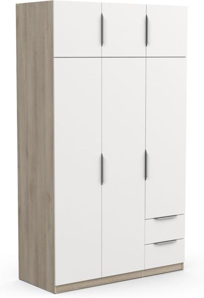 Demeyere Moderner Kleiderschrank, 6 Türen, 5 Einlegeböden, 2 Schubladen, Farbe: Eiche Kronberg & Mattes Weiß, 119,4 x 51,1 x 203 cm, Holzwerkstoff