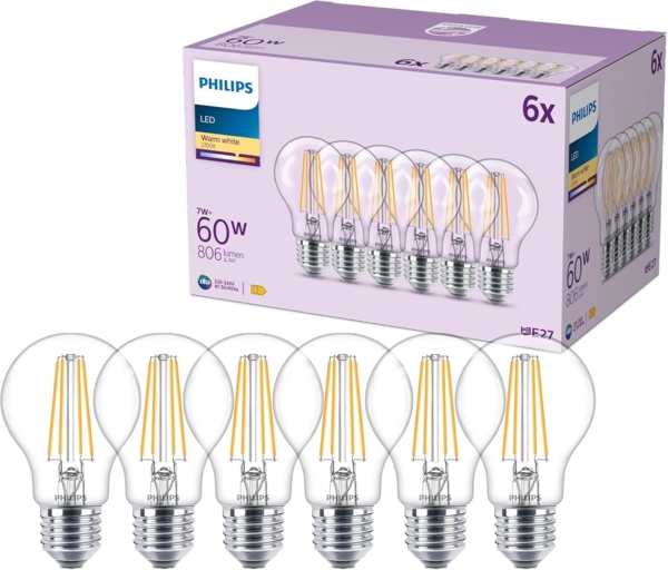 Philips classic A60 LED Lampe, 60 Watt, klar, E27 Sockel, 2700 K warmweißes Licht, 6er Pack