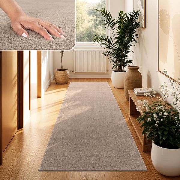 Paco Home Waschbarer Teppich Wohnzimmer Schlafzimmer Kurzflor rutschfest Flauschig Weich Moderne Einfarbige Muster, Grösse:80x300 cm, Farbe:Taupe