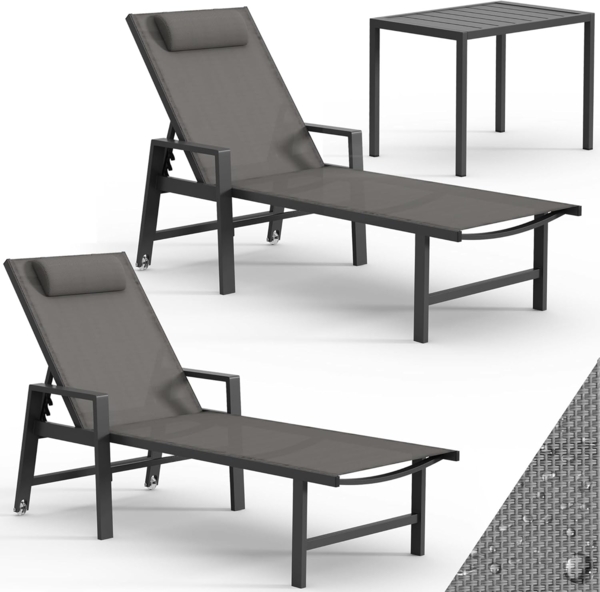 Mucola 2x Sonnenliege und Gartentisch Aluminium Gartenliege 200KG & Rollen wetterfest Teslin Klappliege Camping Terrassentisch
