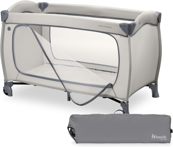 Hauck Sleep N Easyfold, Dark Grey - Schnell Faltbares Baby Reisebett ab Geburt bis 15 kg, mit Rollen, Tragetasche, Großem Schlupf & Faltboden, Klein Zusammenklappbar, 125 x 69 x 82 cm & 7,6 kg