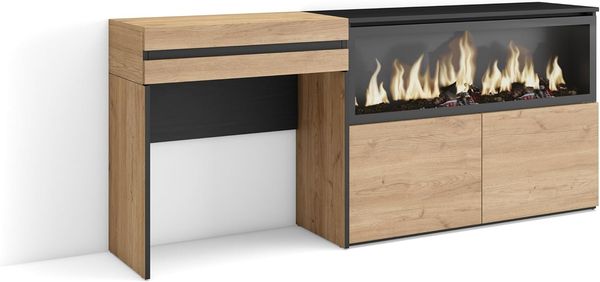 Skraut Home | Schminktisch | Frisiertisch mit Stauraum | 177 x 75 x 35 cm | mit Schublade | Elektrokamin XXL | Moderner Stil | Eiche