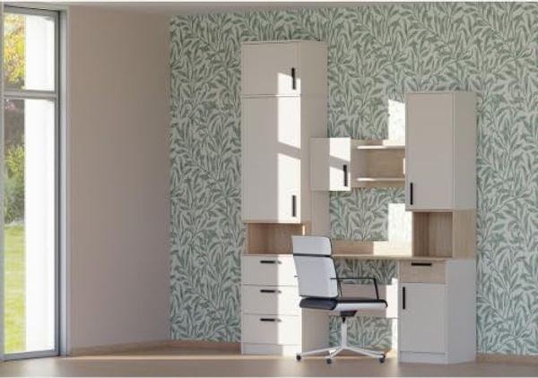 Marmex Möbel Grant Set-23C Kleines Möbel-Set, Schreibtisch mit Aufsatz und Standregal für Kinder und Schüler, laminierte Spanplatte, graubeige cashmere+cremona torro, 177x235x52,5cm