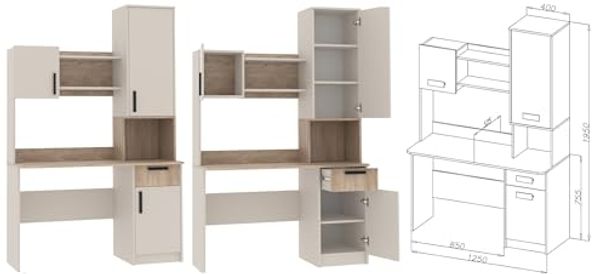 Marmex Möbel Grant Set-23C Kleines Möbel-Set, Schreibtisch mit Aufsatz und Standregal für Kinder und Schüler, laminierte Spanplatte, graubeige cashmere+cremona torro, 177x235x52,5cm Bild 2