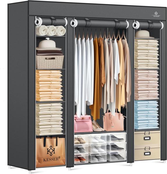 KESSER® Kleiderschrank Stoffschrank Stabil mit Kleiderstange & Ablagen, Inkl. 5x Kleiderbügel, Stoff Faltschrank für Schlafzimmer, Ankleidezimmer Garderobe mit Kleiderständer 150 x 45 x 175 cm Anthrazit