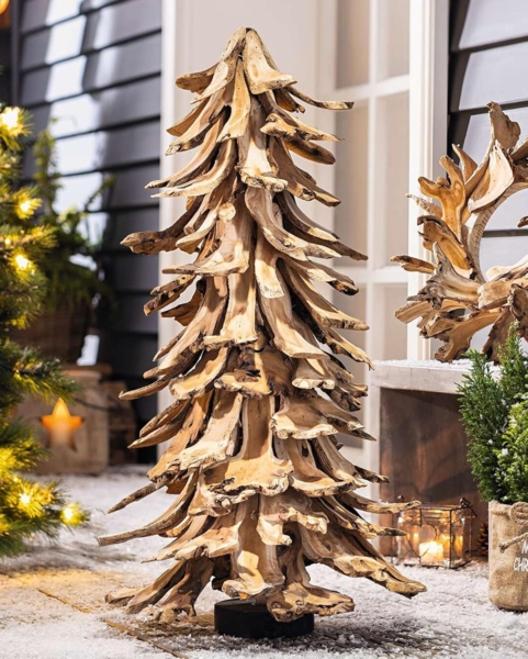 Dekotanne "Holzscheiben" 90 cm hoch, künstlicher Weihnachtsbaum aus Massivholz, Tannenbaum Alternative, Kunstbaum Weihnachten