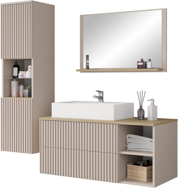 Badmöbel-Set Kormen Rillen II (Farbe: Wüstensand / Wüstensand + Eiche Cremona)