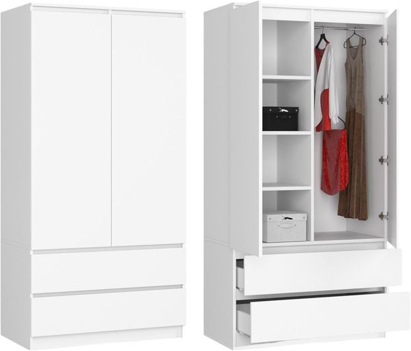 Home Collective Kleiderschrank weiß, Schrank mit 2 Türen und 2 Schubladen 90cm breit