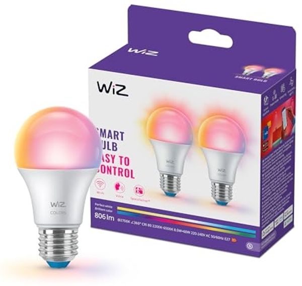 Wiz Smart LED A60-Lampe, Color und Tunable White, E27-Sockel, äquivalent 60 W, 2200–6500 K, 806 Lumen, dimmbar, funktioniert mit Alexa, Google Assistant, und Apple Home, 2er Pack
