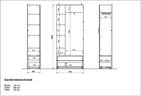 Garderobenschrank Turin / GW-TELDE, Glas, Holzwerkstoff, Weiß, Holzfarben, 85 x 197 x 39 cm Bild 3