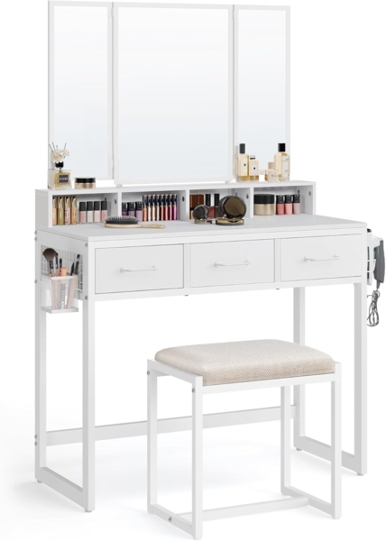 Vasagle Schminktisch mit gepolstertem Hocker, Holzspanplatte weiß, 90 x 40 x 141 cm