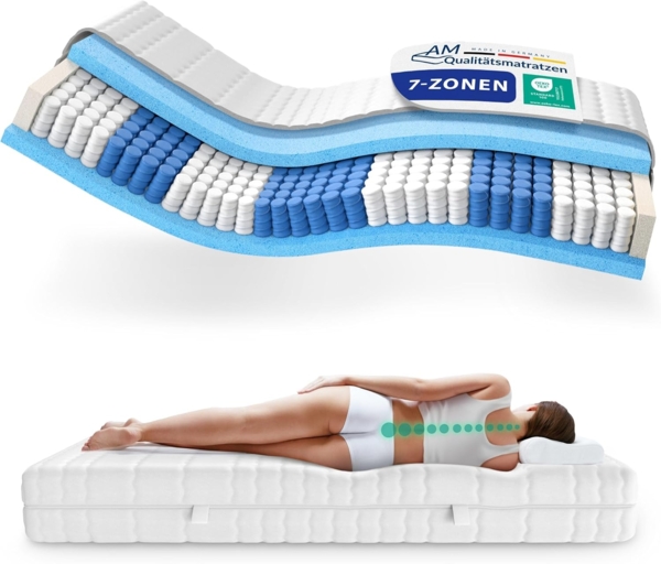 AM Qualitätsmatratzen Hochwertige 7-Zonen Taschenfederkernmatratze 140x180 cm - 24 cm Premiumhöhe - Tonnentaschenfederkernmatratze 140x180 cm - H1 Extra weich