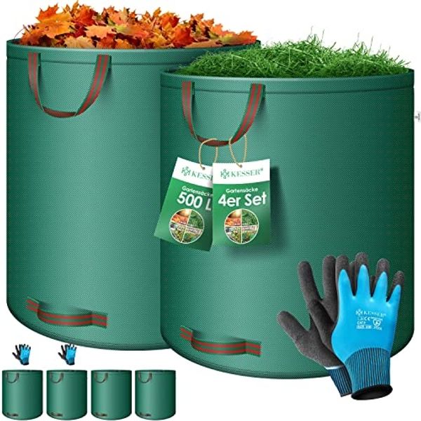KESSER® Gartensack Set Laubsack Gartenabfallsack inkl. Handschuhe - Selbststehend 4 Griffe Stabil Robust & Faltbar - Laubsäcke Rasenschnitt Gartensäcke für Gartenabfälle Grünschnitt Grün, 4x500 Liter