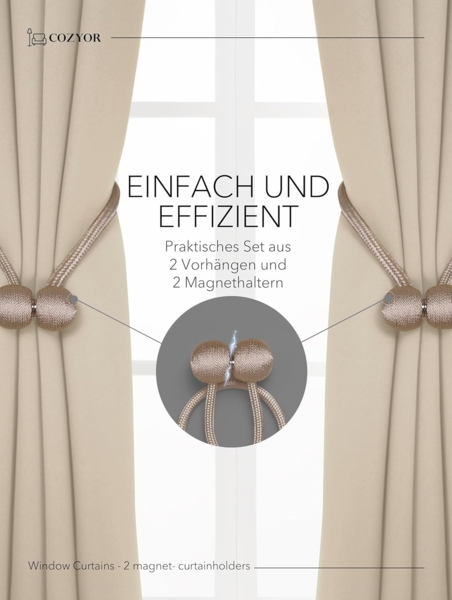 Cozyor Vorhang Set mit 2x Gardine + 2x Vorhanghalter + 1x Gardinenstange ohne Bohren (2 St), Ösen, verdunkelnd, Polyester, blickdicht beige Driftwood, Thermo Gardine 240x135 cm mit Magnethalter, Flur & Fenster Bild 2