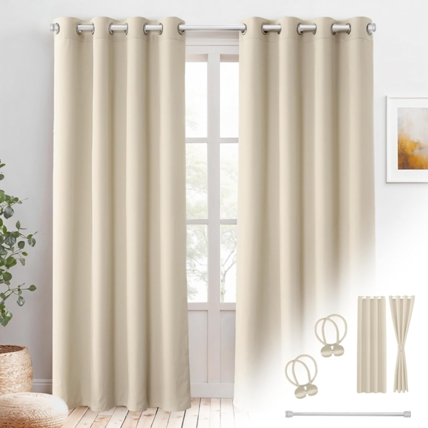 Cozyor Vorhang Set mit 2x Gardine + 2x Vorhanghalter + 1x Gardinenstange ohne Bohren (2 St), Ösen, verdunkelnd, Polyester, blickdicht beige Driftwood, Thermo Gardine 240x135 cm mit Magnethalter, Flur & Fenster Bild 1