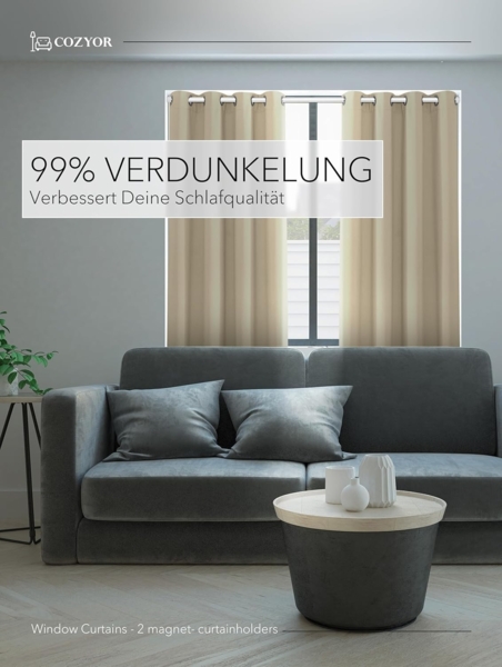 Cozyor Vorhang Set mit 2x Gardine + 2x Vorhanghalter + 1x Gardinenstange ohne Bohren (2 St), Ösen, verdunkelnd, Polyester, blickdicht beige Driftwood, Thermo Gardine 240x135 cm mit Magnethalter, Flur & Fenster Bild 6
