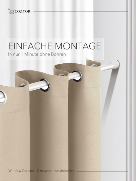 Cozyor Vorhang Set mit 2x Gardine + 2x Vorhanghalter + 1x Gardinenstange ohne Bohren (2 St), Ösen, verdunkelnd, Polyester, blickdicht beige Driftwood, Thermo Gardine 240x135 cm mit Magnethalter, Flur & Fenster Bild 7