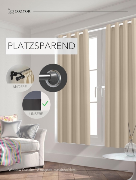 Cozyor Vorhang Set mit 2x Gardine + 2x Vorhanghalter + 1x Gardinenstange ohne Bohren (2 St), Ösen, verdunkelnd, Polyester, blickdicht beige Driftwood, Thermo Gardine 240x135 cm mit Magnethalter, Flur & Fenster Bild 3