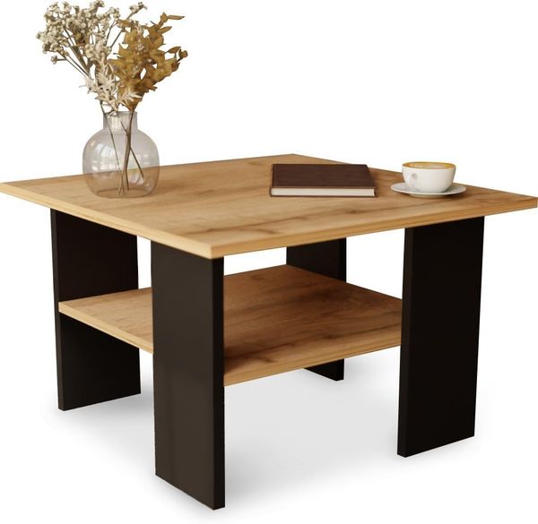 Moderner Couchtisch, in der universellen Farbe Eiche/Schwarz, innovatives Design, zusätzliche untere Ablage, für jeden Raum, solide, Starke und stabile Konstruktion