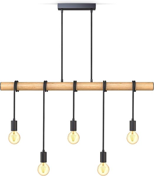 B.K.Licht LED Pendelleuchte BKL1339, ohne Leuchtmittel, 5-flammige Pendelleuchte Metall und Holz E27 schwarz matt vintage Pendellampe retro-Hängelampe ohne Leuchtmittel