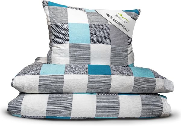 TRAUMSCHLAF Bettwäsche Karo aqua, Seersucker, 2 teilig, bügelfreie Seersucker Qualität