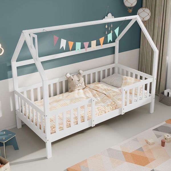 Kinderbett Hausbett 90x200 cm, Kiefernholz Bett für Jungen und Mädchen, mit Rausfallschutz und Lattenrost, ohne Matratze, Weiß