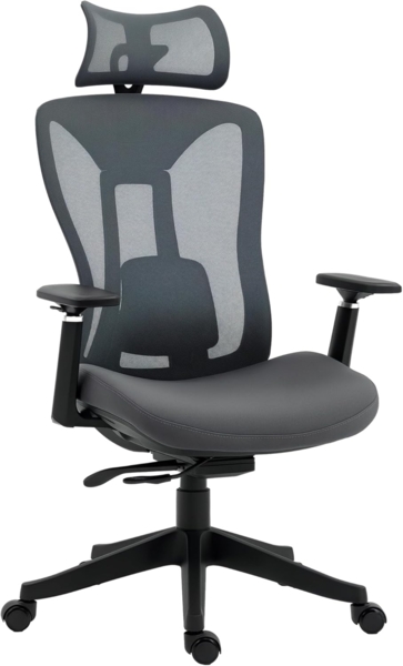Vinsetto Bürostuhl, Ergonomischer Schreibtischstuhl, Computerstuhl mit Liegefunktion, PC Stuhl mit Verstellbarem Kopfkissen, Drehstuhl für Arbeitszimmer, Mesh, Grau