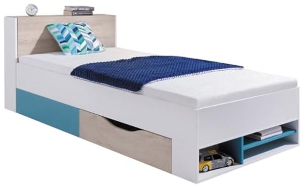 Lomadox Jugendbett PITTSBURGH-133, Jugendbett 90x200cm mit Funktionen, weiß/Eiche/blau
