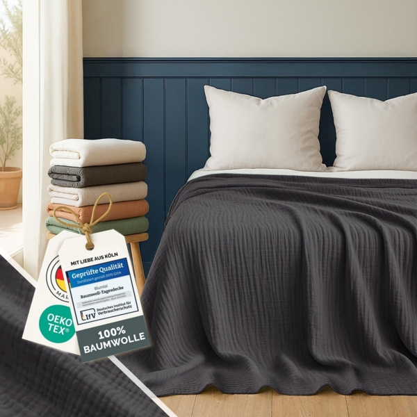 Blumtal Tagesdecke Tagesdecke Baumwolle - Musselin Decke Oeko-TEX zert. - Bettüberwurf, Couch Überwurf - leichte Kuscheldecke Baumwolle 100%