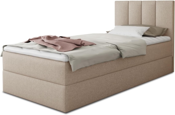 Boxspringbett Star Mini mit Bettkasten, Bonell-Matratze und Topper - Einzelbett mit Matratzentopper, Polsterbett, Bett, Schlafzimmer, Jugendzimmer (Beige (Inari 22), 120x200 cm)