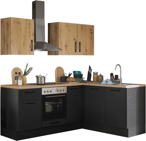 Turin L Eckküche 210 x 211 x 60 cm, schwarz - Basic Küchengeräte - Moderne, geräumige Küche in Artisan-Eiche Optik mit viel Stauraum