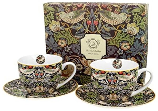 DUO ART GALLERY 2er-Set Tassen 250 ml STRAWBERRY THIEF BLUE mit Untertassen, New Bone China Porzellan